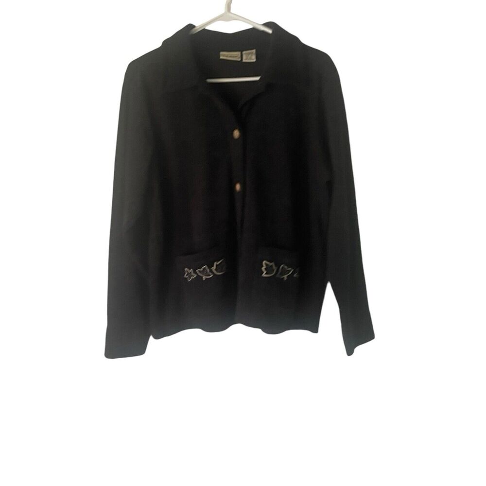 L.L. Bean Vintage 90s Womens Size M Black Leaves Leaf Embroidered Button Sweater